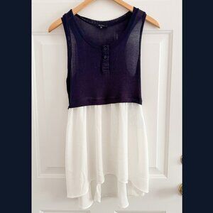 Monteau Navy Blue White Crop Top Split Sheer Button Down Shirt
